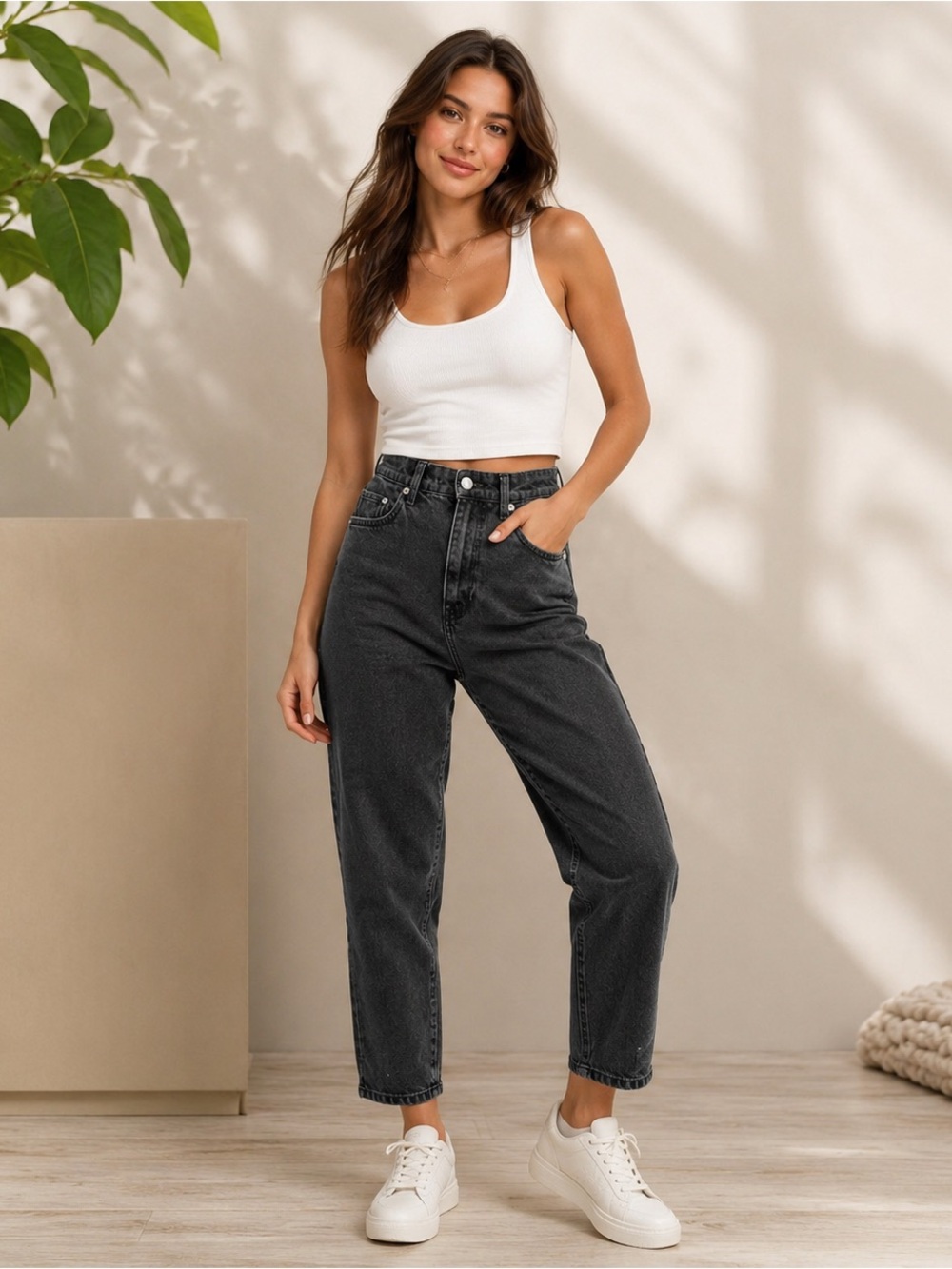 &Denim Loose Mom Jeans Size 2 Black Ultra High Waist Ankle